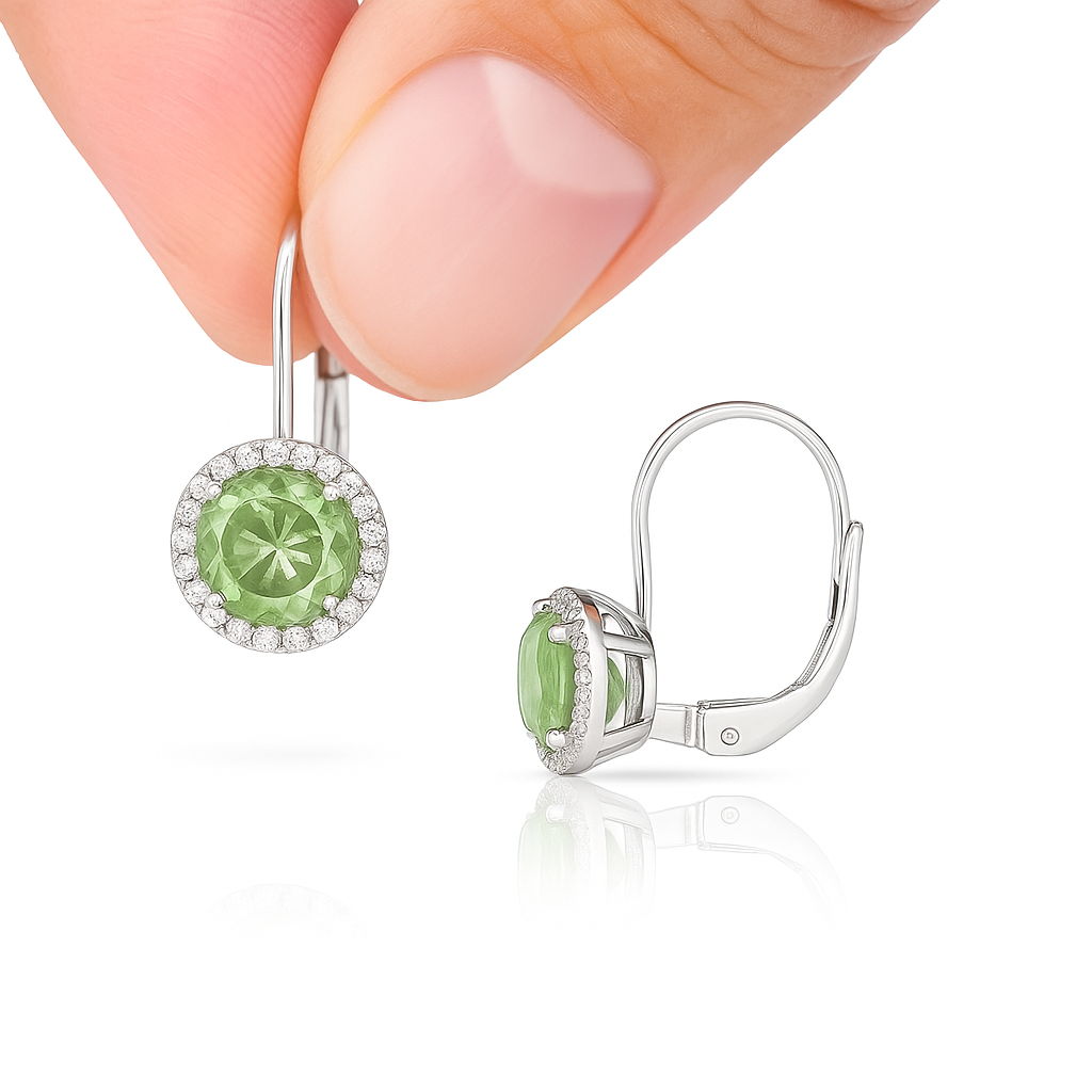 Elegant Green Gemstone Halo Drop Earrings Classic Leverback Design