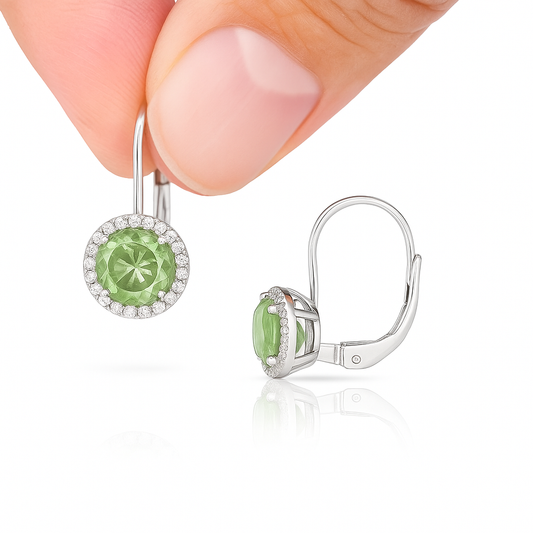 Elegant Green Gemstone Halo Drop Earrings Classic Leverback Design