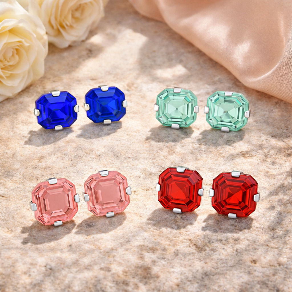 Cute 925 Sterling Silver Ascher-Cut CZ Studs Earrings