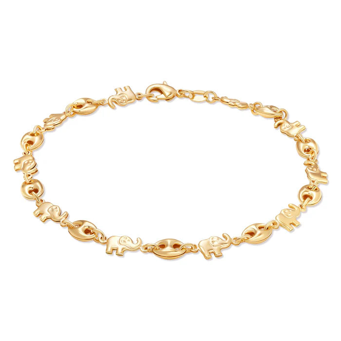 Gold Elephant Puffy Mariner Charm Bracelet – 7.5” 10” Lucky Elephant Link Chain