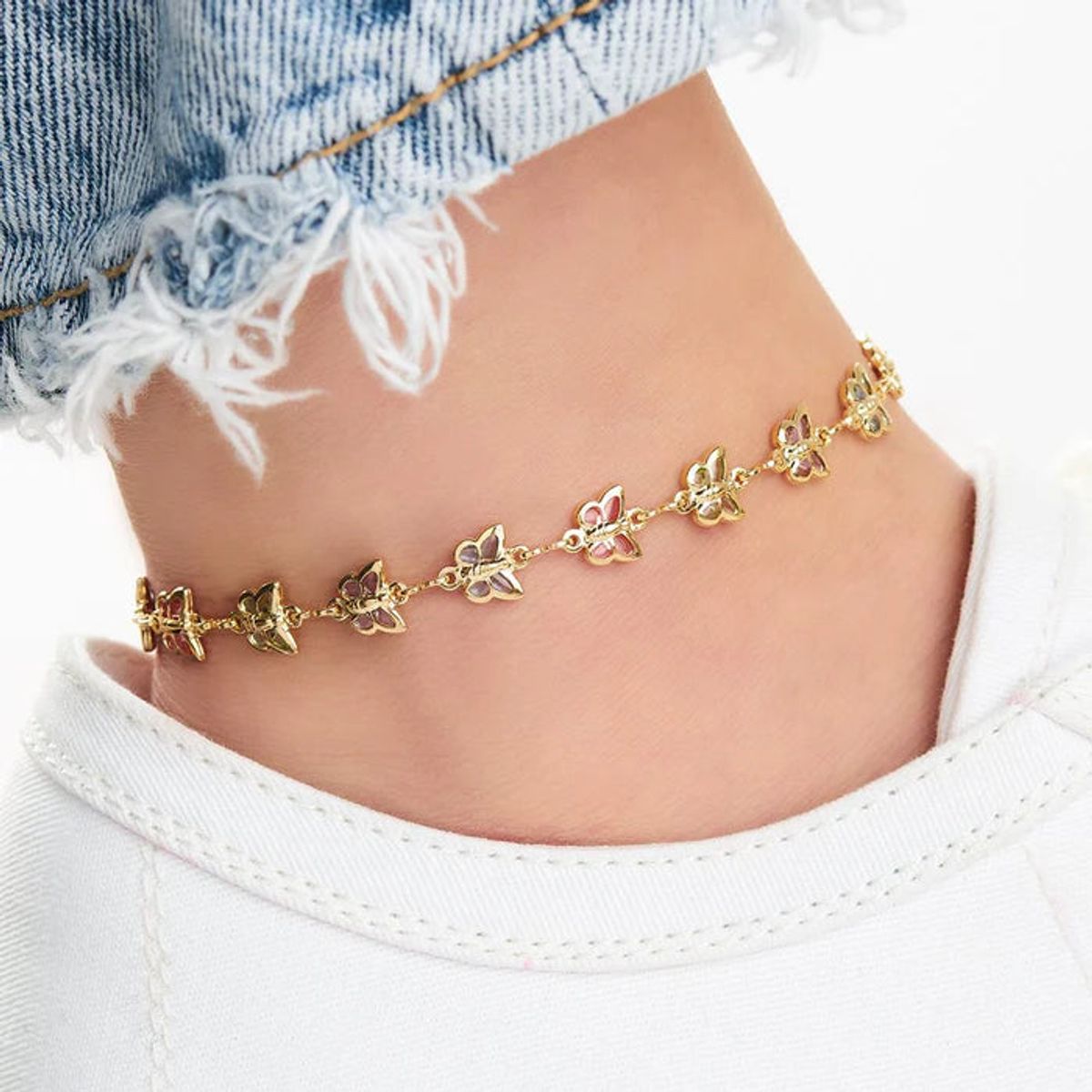 RMZ GOLD NYC 18K Gold Plated Multi Color Butterfly Crystal Anklet
