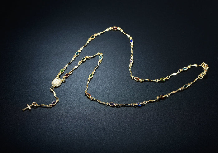 Unisex 14K Gold Virgin Mary Rosary Cross Necklace – Black, Multicolor & Gold Bead Options