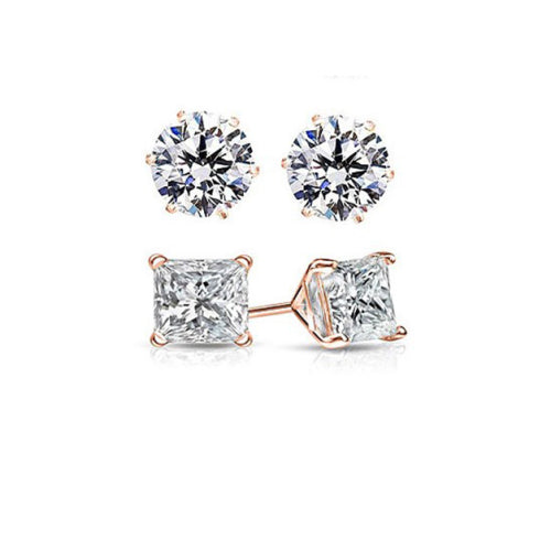 2 Pairs: Round and Princess Cut Rose Gold Stud Earrings