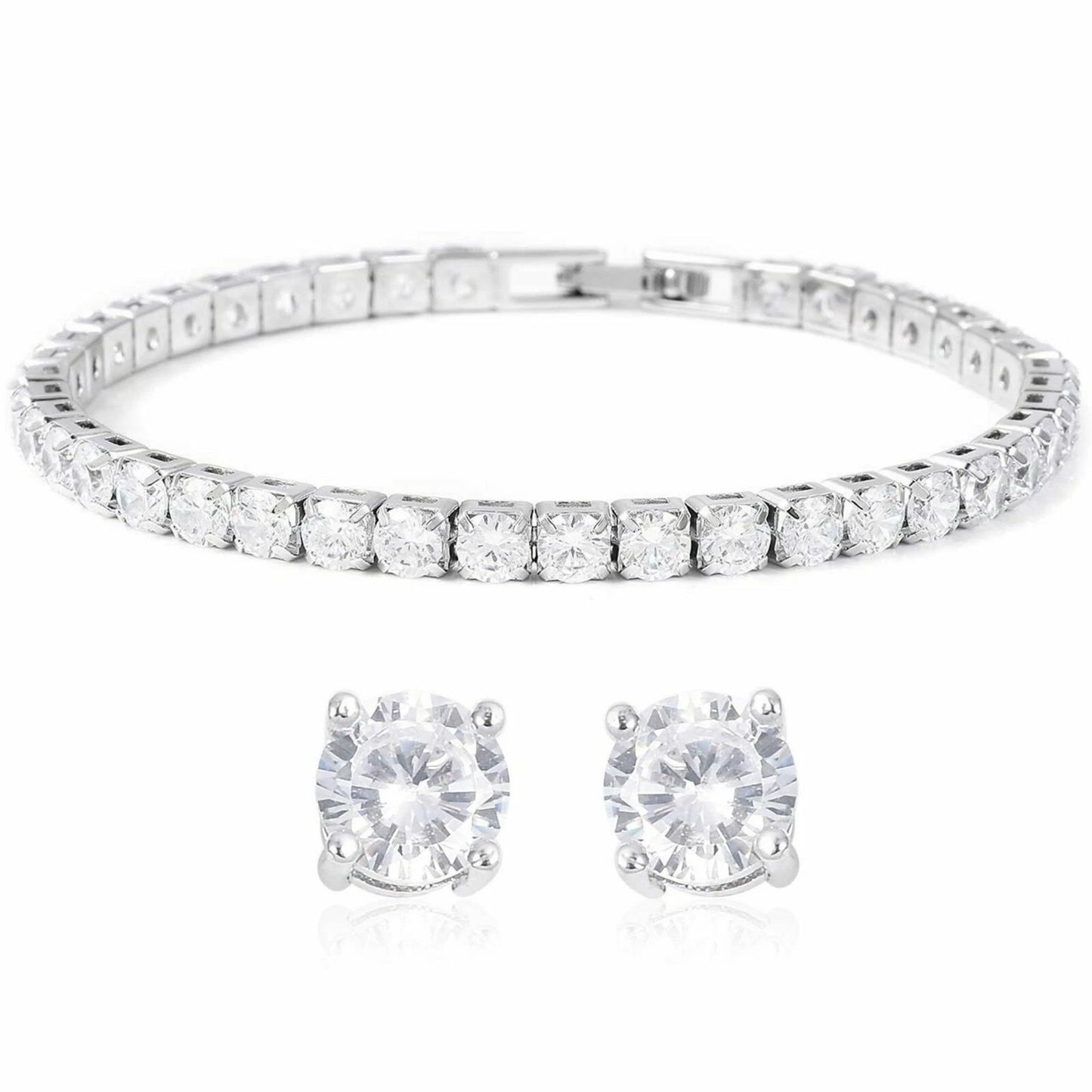 Womens Round Cz 6mm Tennis Bracelet With a Set of 925 Sterling Silver Studs
