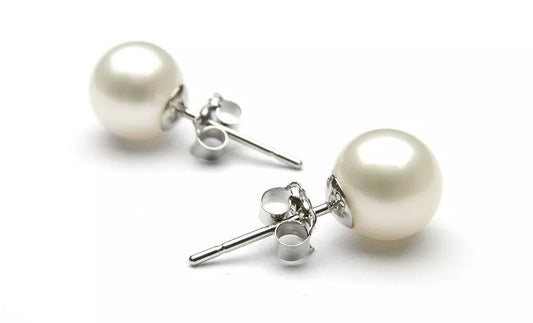 RMZ GOLD NYC 18K White Gold Plated Women’s 8mm Pearl Stud Earrings