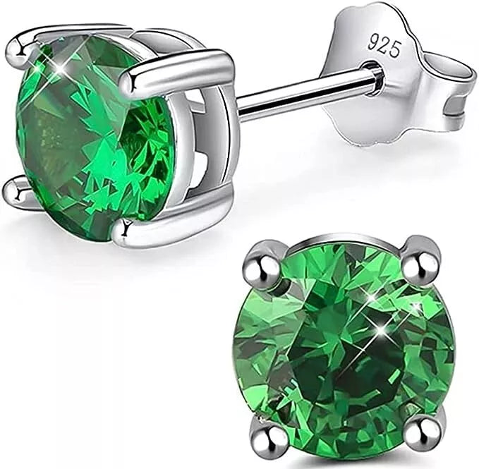 RMZ GOLD NYC 925 Sterling Silver 6MM Round Cut Emerald Stud Earrings For Women & Girls