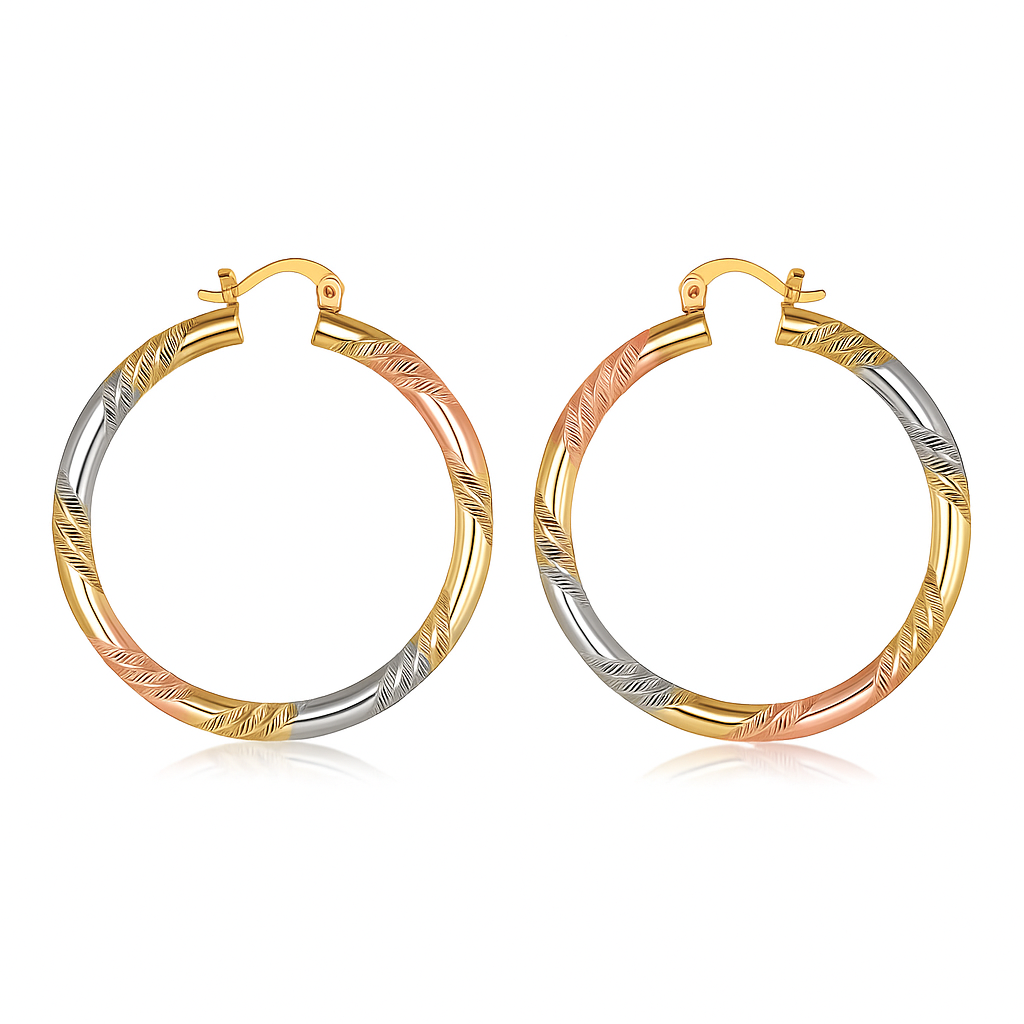 RMZ GOLD NYC 18K Gold Tri-Color Twist Diamond-Cut Hoop Earrings – 50mm