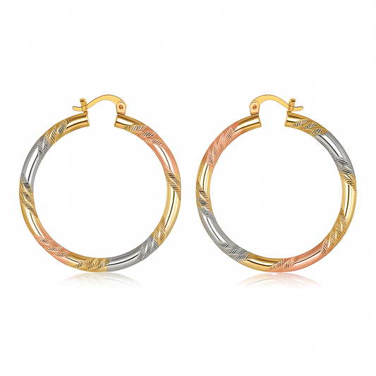 RMZ GOLD NYC 18K Gold Tri-Color Twist Diamond-Cut Hoop Earrings – 50mm