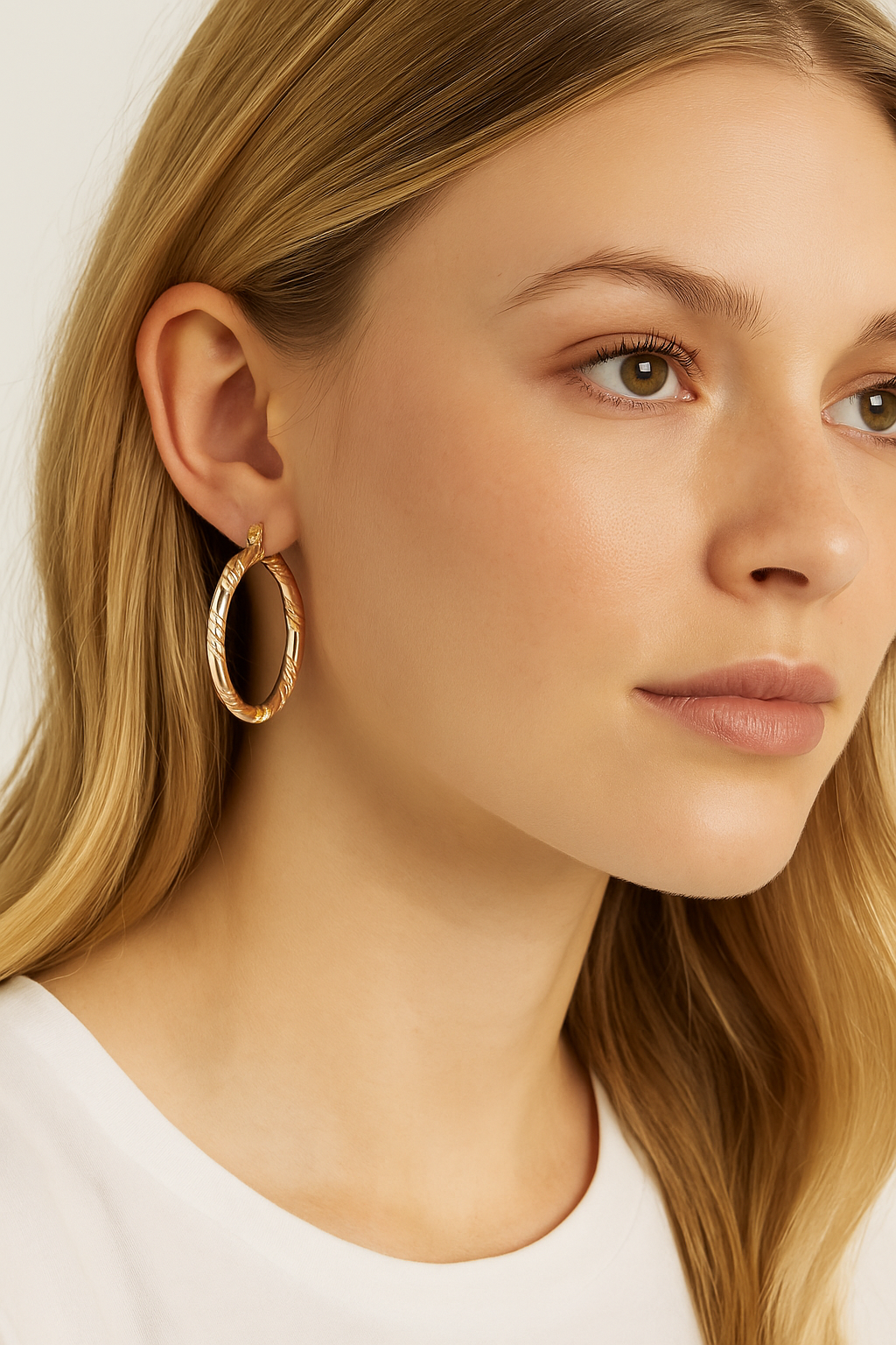 RMZ GOLD NYC 18K Gold Tri-Color Twist Diamond-Cut Hoop Earrings – 50mm