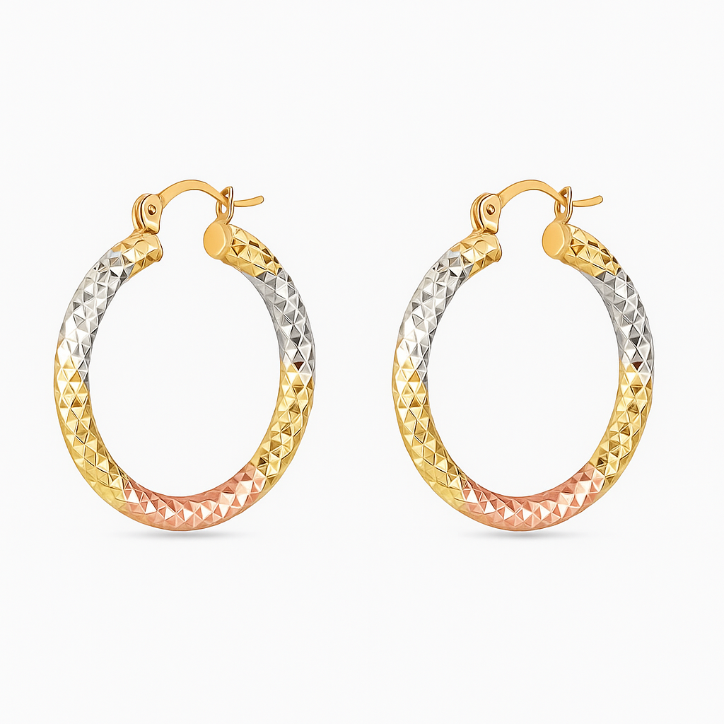 RMZ GOLD NYC 18K Gold Disco-Style Tricolor Hoops – Modern Luxury Earrings