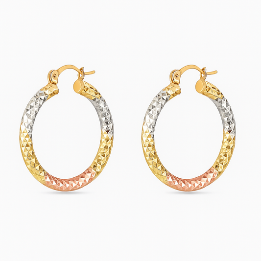 RMZ GOLD NYC 18K Gold Disco-Style Tricolor Hoops – Modern Luxury Earrings