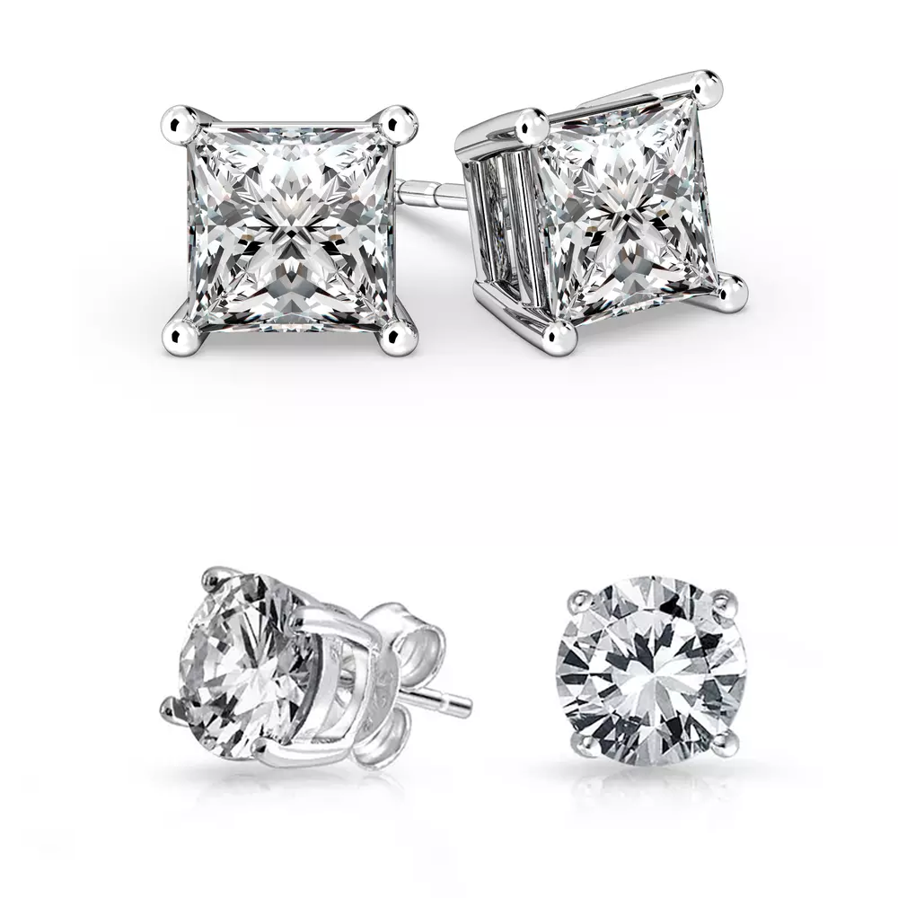 Round and Princess Stud Earring Set (2-Pair)