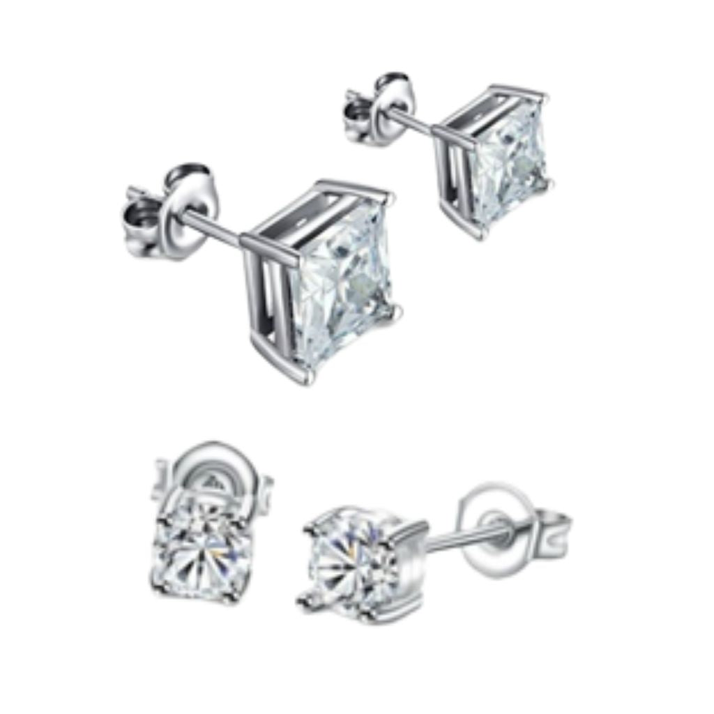 18K Gold Plated Round- and Princess-Cut Stud Earring Set (2-Pair)